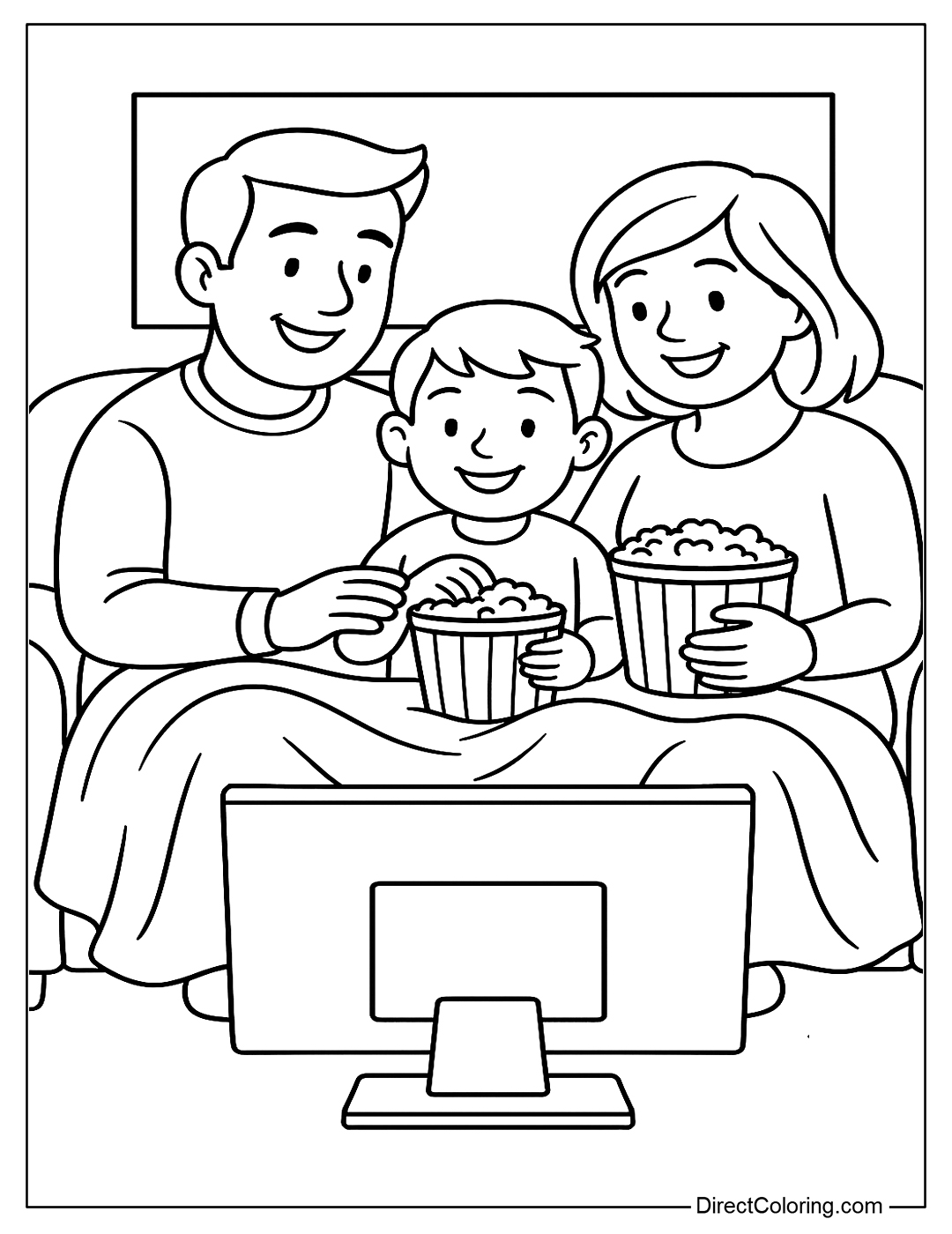coloring page A family of people watching a movie together on the sofa, with popcorn and a warm blanket